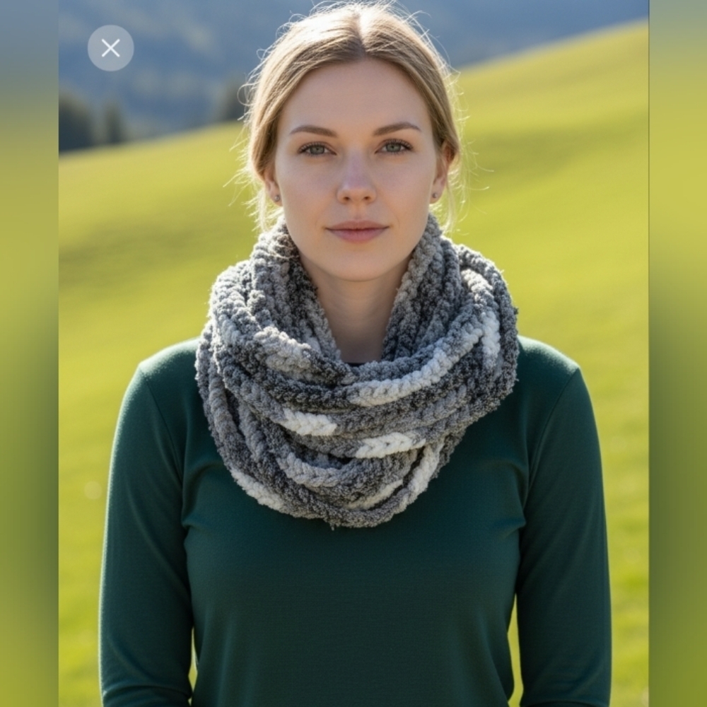 Handmade Knitted Scarf One Size Black Gray White